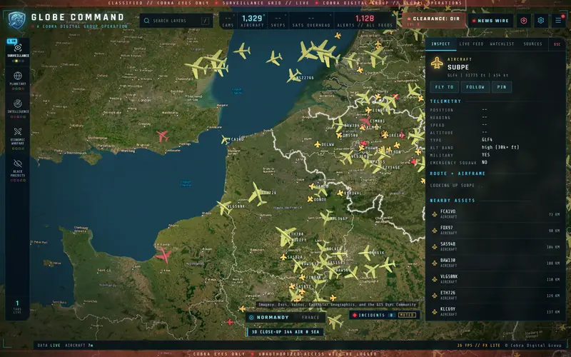 Aircraft over Normandy and the Channel as 3D models, military jets in red, with an INSPECT card showing a high-altitude military GLF4