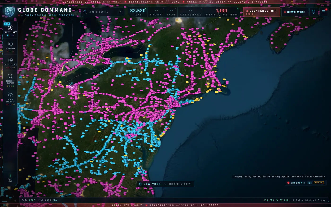 LIVE CAMS over the US northeast at street level: thousands of camera markers, live video in pink and refreshing stills in blue, 82,620 cams in the header