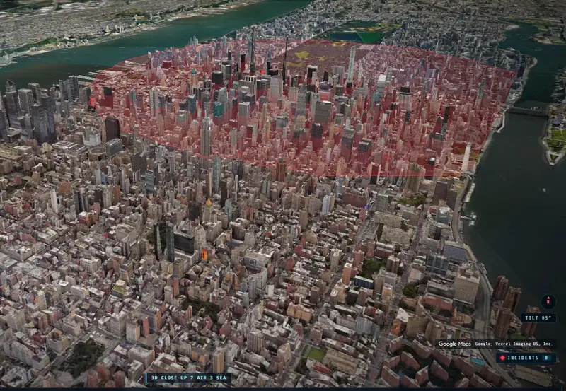 3D CITIES: photorealistic 3D Manhattan seen at a tilt from above the Hudson, with an overlay tinting midtown