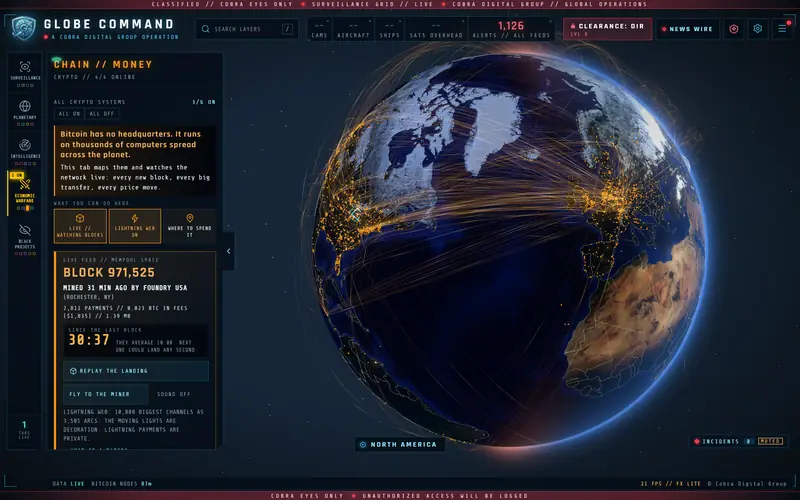 CRYPTO tab: the Lightning web of thousands of channel arcs over the globe and a live card for Bitcoin block 971,525
