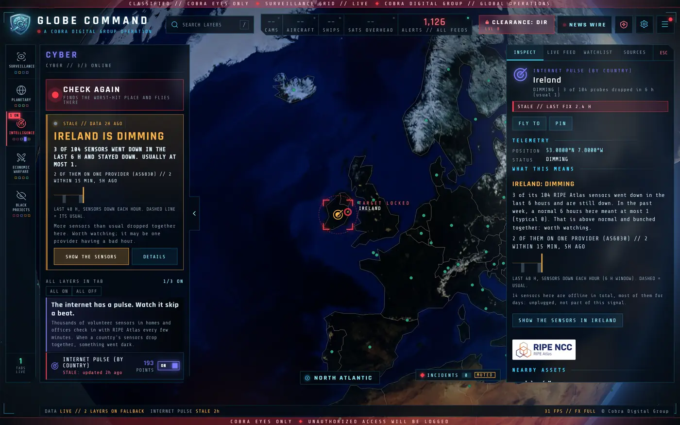 CYBER tab: WHO'S DARK RIGHT NOW has locked onto Ireland, 3 of 104 RIPE Atlas sensors down in 6 hours, with a 48-hour chart and a plain-English explanation