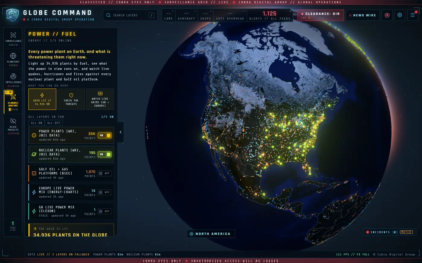 ENERGY tab: every power plant in North America lit up by fuel type, 34,936 plants on the globe