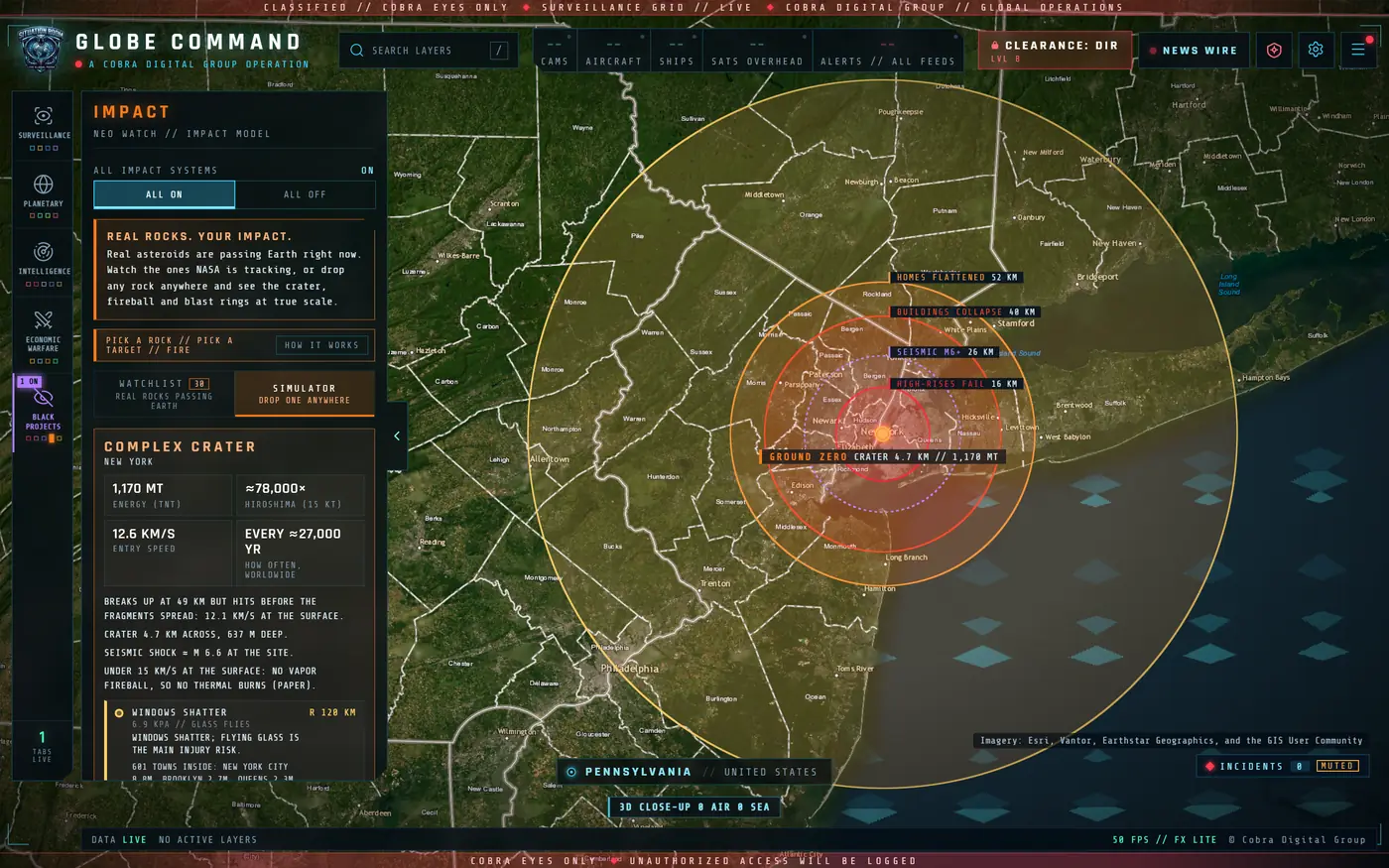 IMPACT add-on: a simulated asteroid strike on New York with crater, fireball, blast and seismic rings drawn at true scale over satellite imagery and an energy card reading 1,170 megatons