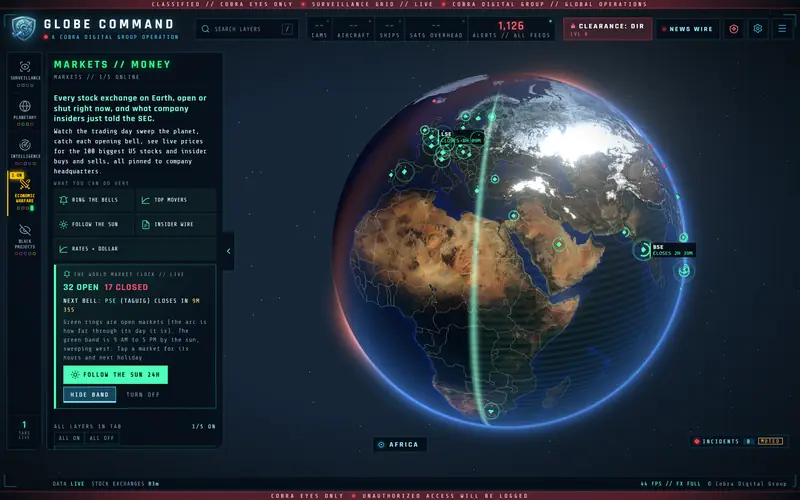 MARKETS tab: the trading-day band sweeping the globe, exchange rings and the world market clock reading 32 open, 17 closed