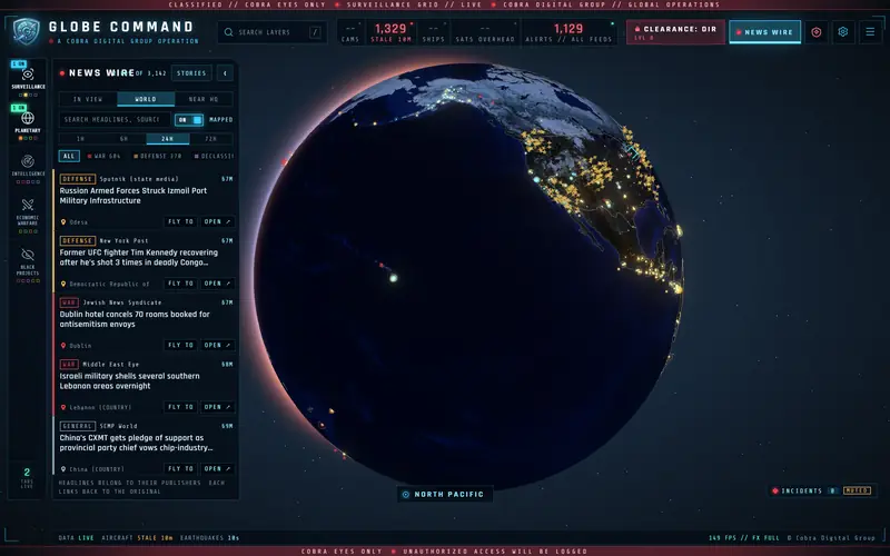 NEWS WIRE: 3,142 mapped stories, each tagged DEFENSE, WAR or GENERAL with its source, place and FLY TO button, beside the globe