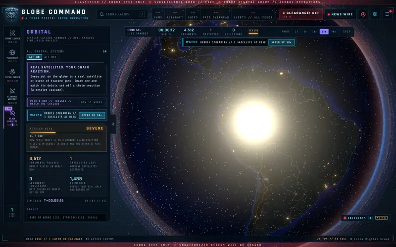 ORBITAL add-on: a Kessler cascade in progress, 4,512 fragments tracked and the KESSLER RISK meter at SEVERE