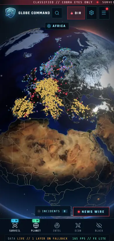 Phone: the globe over Europe and Africa with the five-division strip along the bottom