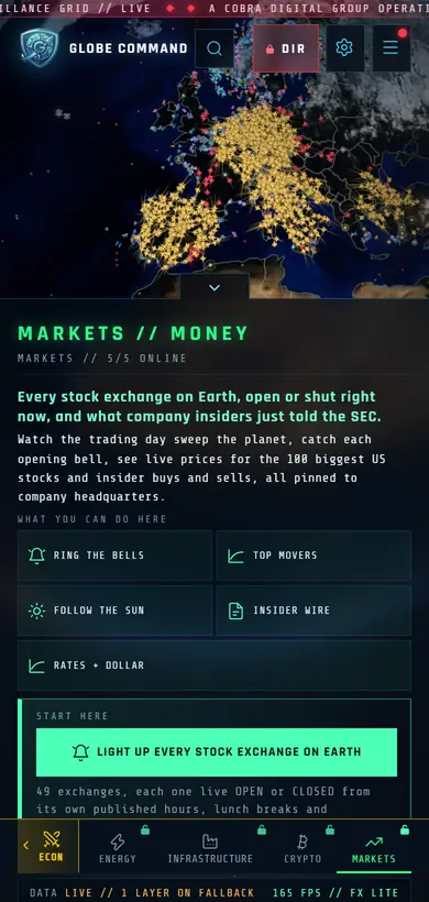 Phone: the MARKETS tab as a bottom sheet with RING THE BELLS, TOP MOVERS and INSIDER WIRE
