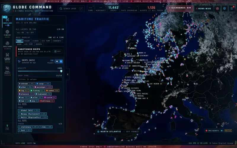 SEA tab: 11,000+ live AIS ships around France and the English Channel, named and colored by type, with type, feed and speed filters