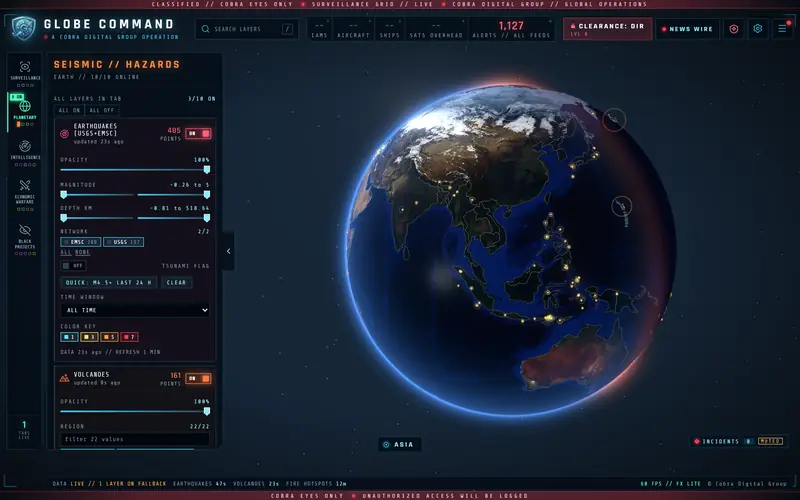 EARTH tab: earthquakes from USGS and EMSC tracing the Pacific ring of fire around Asia and Indonesia, with magnitude, depth and network filters