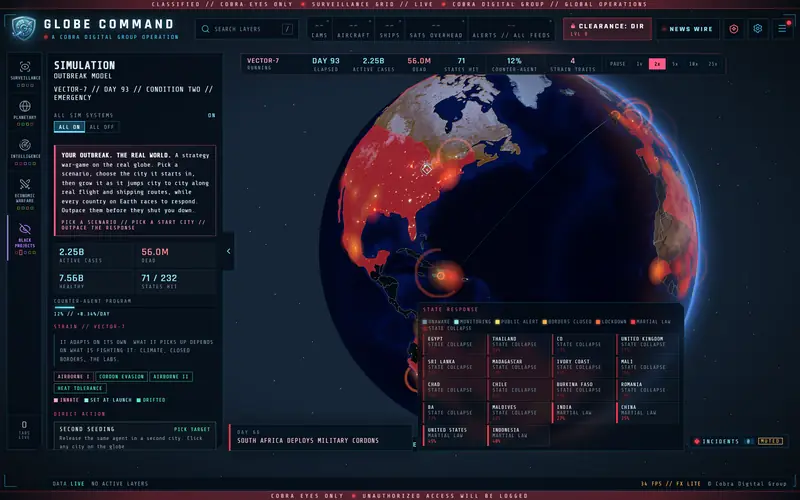 SIMULATION add-on: a fictional outbreak war-game on day 93 with countries painted by response level from monitoring to state collapse