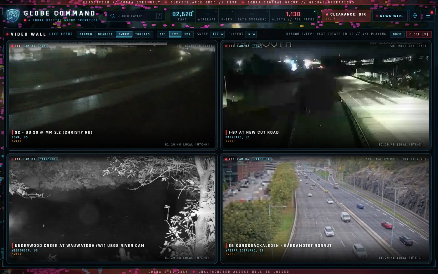 VIDEO WALL in 2x2 sweep mode: four real public cameras in Iowa, Maryland, Wisconsin and Sweden, each tagged with source and local time